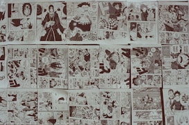A collage of monochromatic manga panels featuring various characters and scenes. The panels depict action sequences, emotional moments, and dialogues between characters. The scenes vary in complexity from intense battles to calm, conversational settings. Speech bubbles are present throughout the panels, contributing to the narrative.