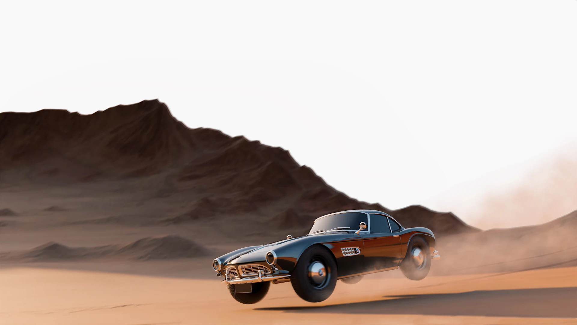 A classic American muscle car roaring down an open road with mountains in the background, showcasing its powerful engine.