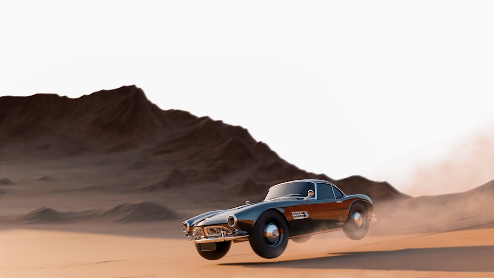 a car driving through a desert with a mountain in the background