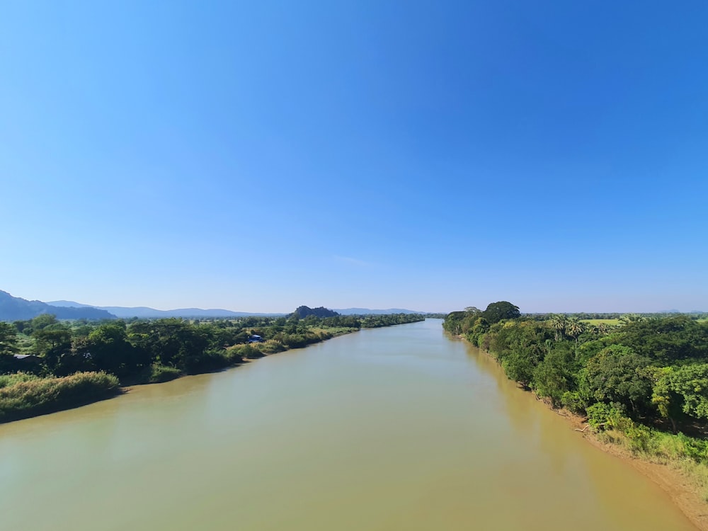 a view of a body of water surrounded by trees