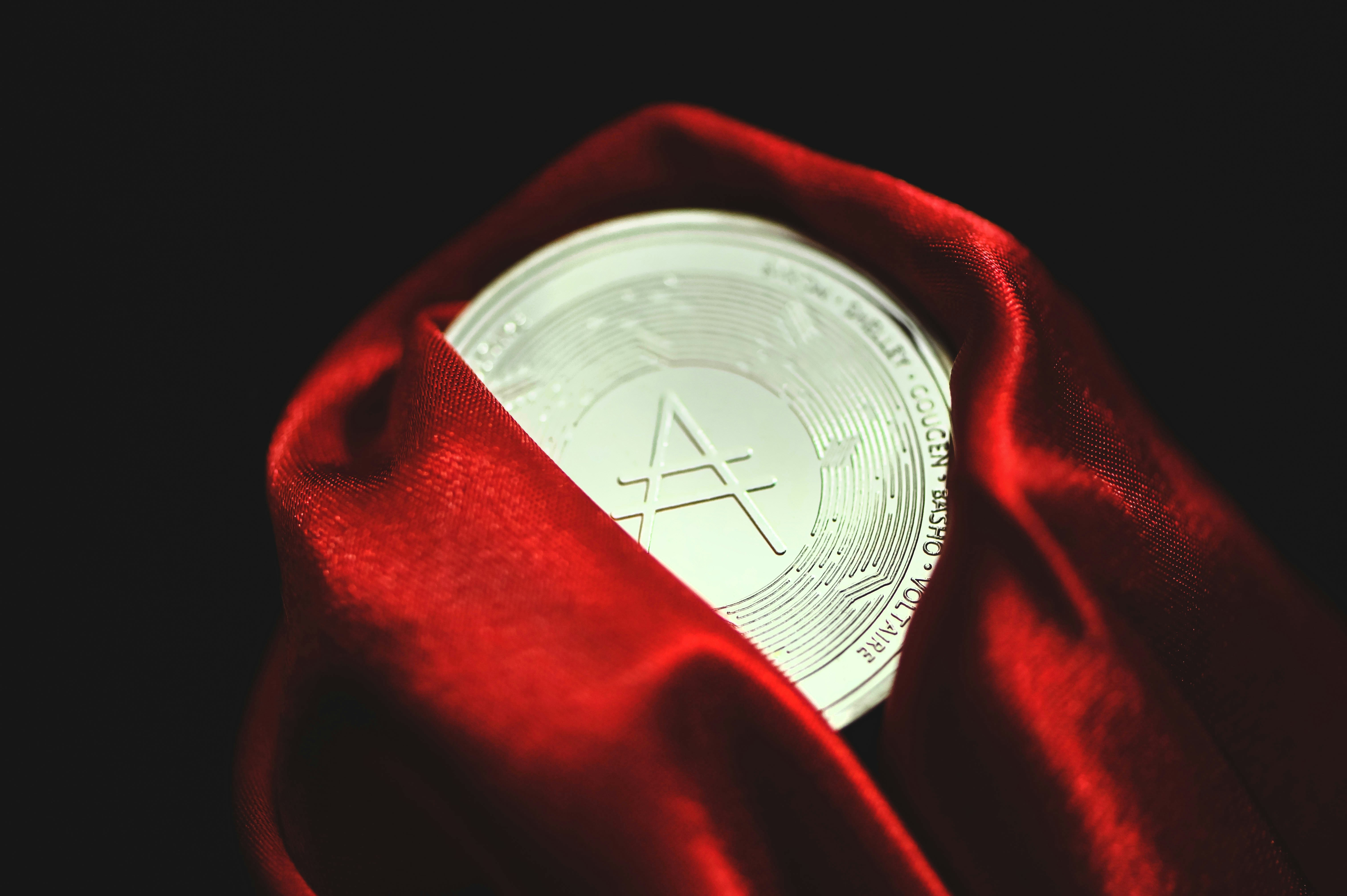 a close up of a red cloth with a coin in it