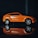 A toy model of a sleek orange sports car is positioned against a dark background. The car is highly detailed with visible reflections on a glossy surface below, enhancing its vibrant appearance.