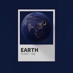 A detailed view of planet Earth from space, showcasing illuminated city lights across continents against a dark background. The image is framed in a white border with the text 'EARTH PLANET - #08' at the bottom.