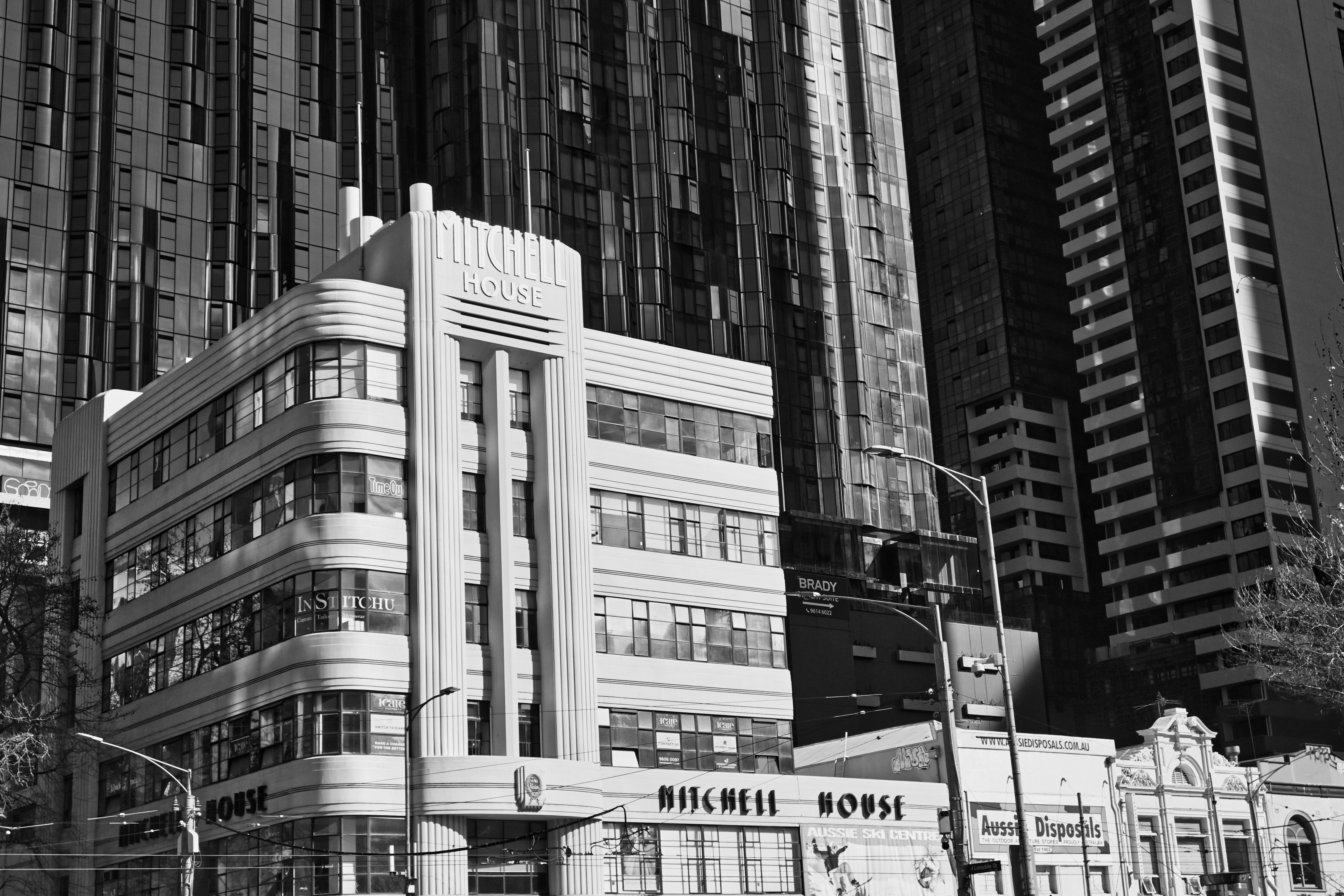 Mitchell House, built in the 1930s, with many new recent skyscrapers in the background