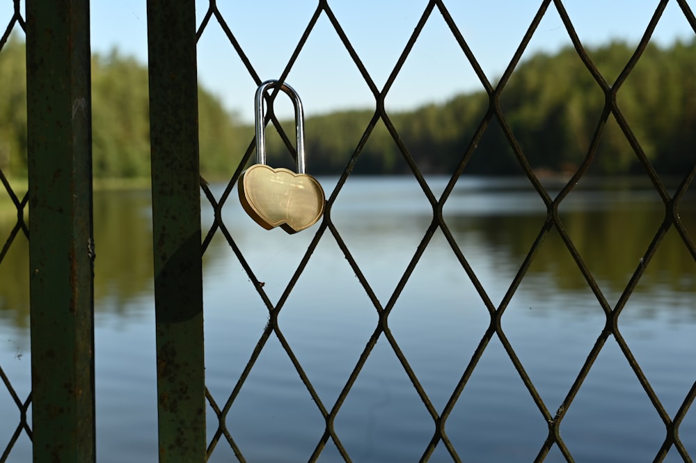 a heart shaped padlock attached to a chain link fence