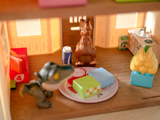 A child happily holding a plush dinosaur toy inside the café, surrounded by colorful Jurassic-themed decor.