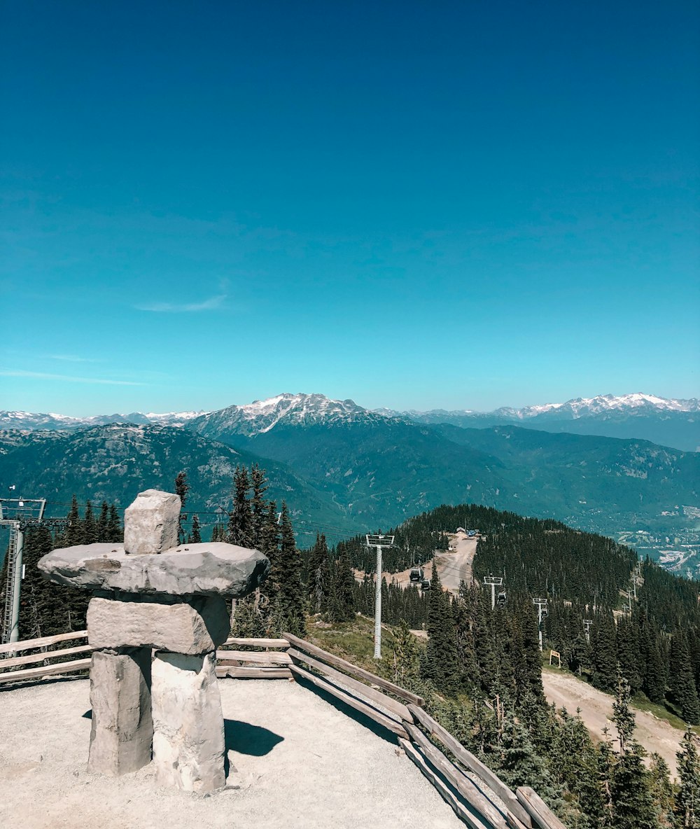 a stone bench sitting on top of a mountain