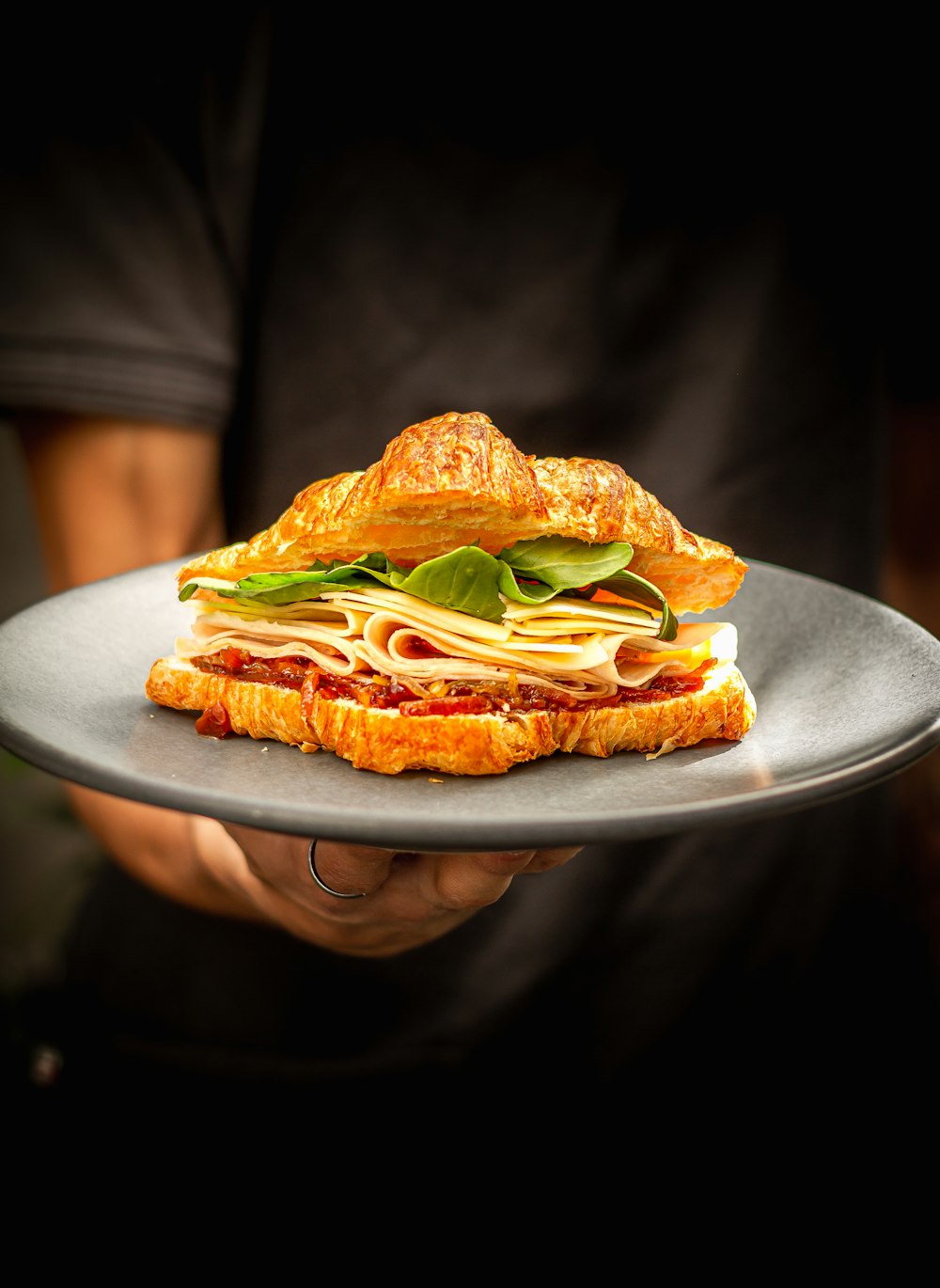 a person holding a plate with a sandwich on it