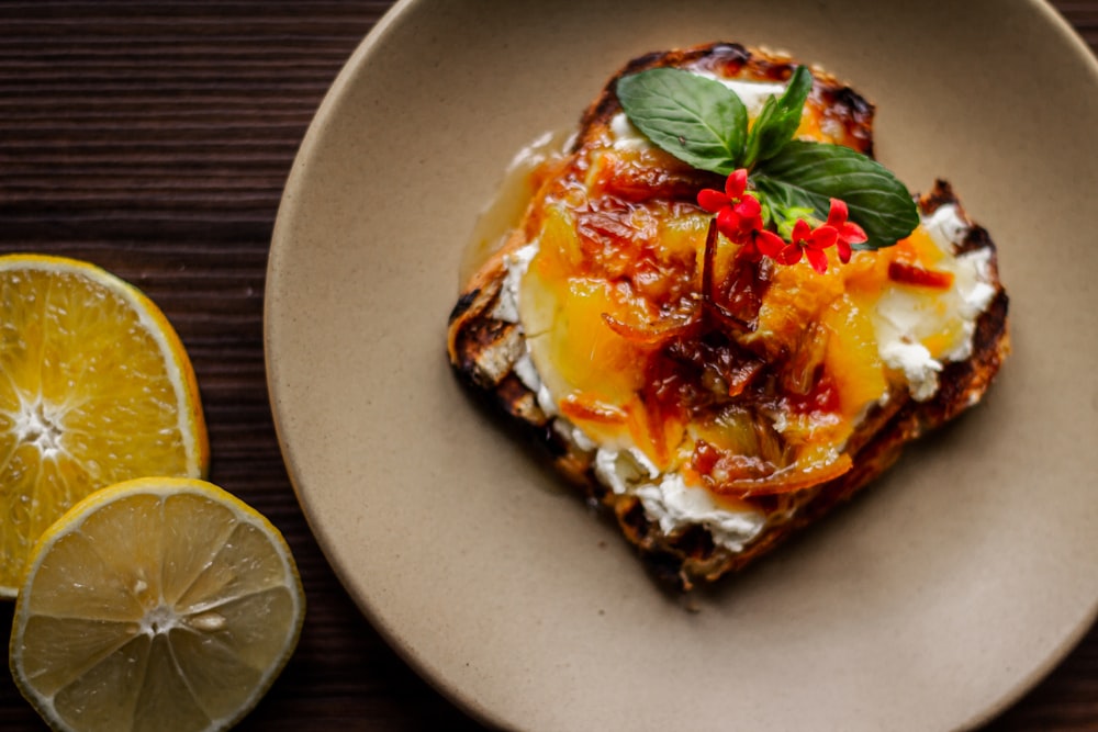 a plate of food on a wooden table