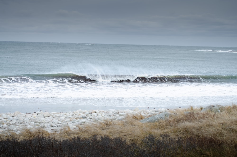 a large body of water sitting next to a sandy beach