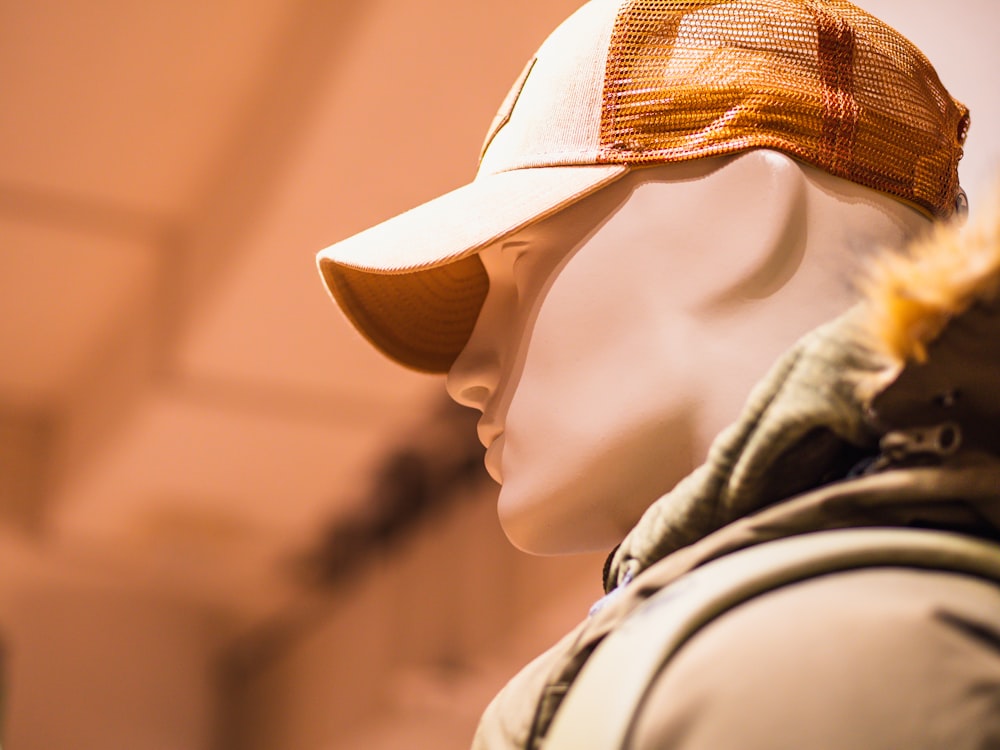 a mannequin's head wearing a hat and jacket