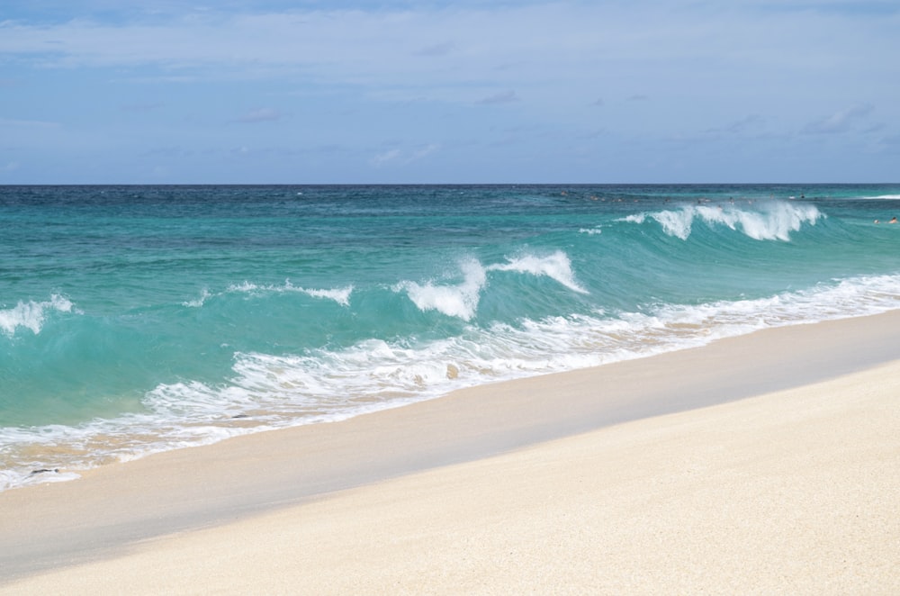 Une plage de sable au bord de l’océan sous un ciel bleu