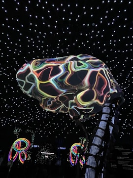 A large, abstract structure resembling a brain with colorful, swirling patterns is suspended in a room with a ceiling of glowing white stars. Below, illuminated multicolored loops or rings add to the vibrant atmosphere. The environment suggests an immersive, possibly digital or futuristic setting.
