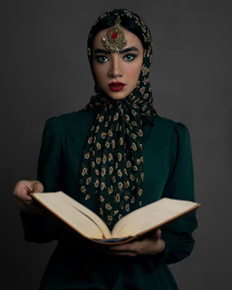 A woman is dressed in an elegant, dark green outfit with a patterned headscarf. She is holding an open book and has a striking facial expression. An ornate piece of jewelry adorns her forehead, adding a touch of cultural elegance.
