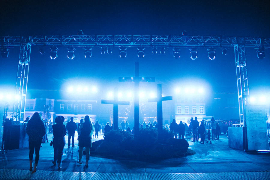 Festival stage with dramatic lighting show at night