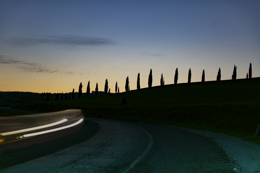 a car driving down a road next to a row of trees