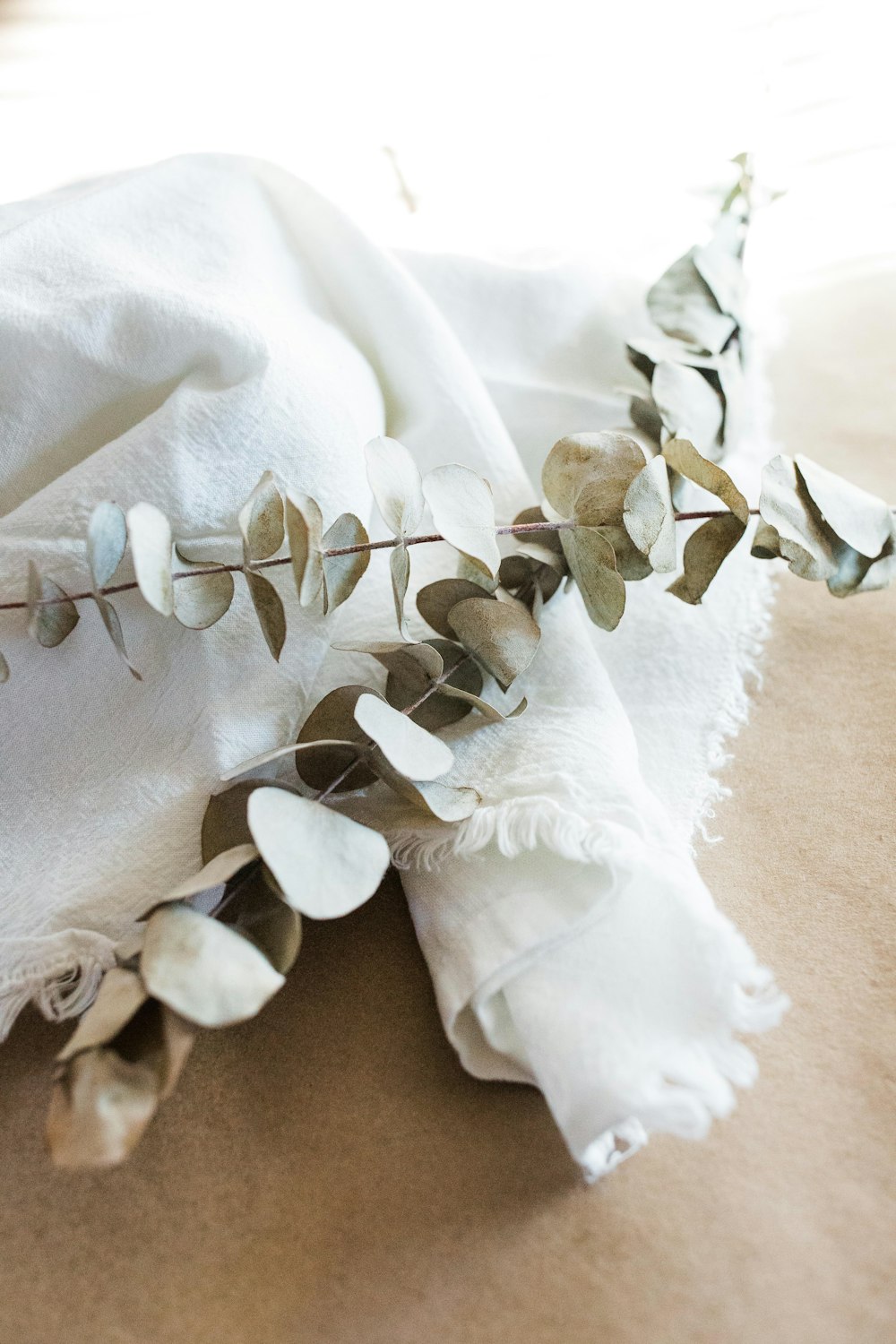 a white cloth with some leaves on it