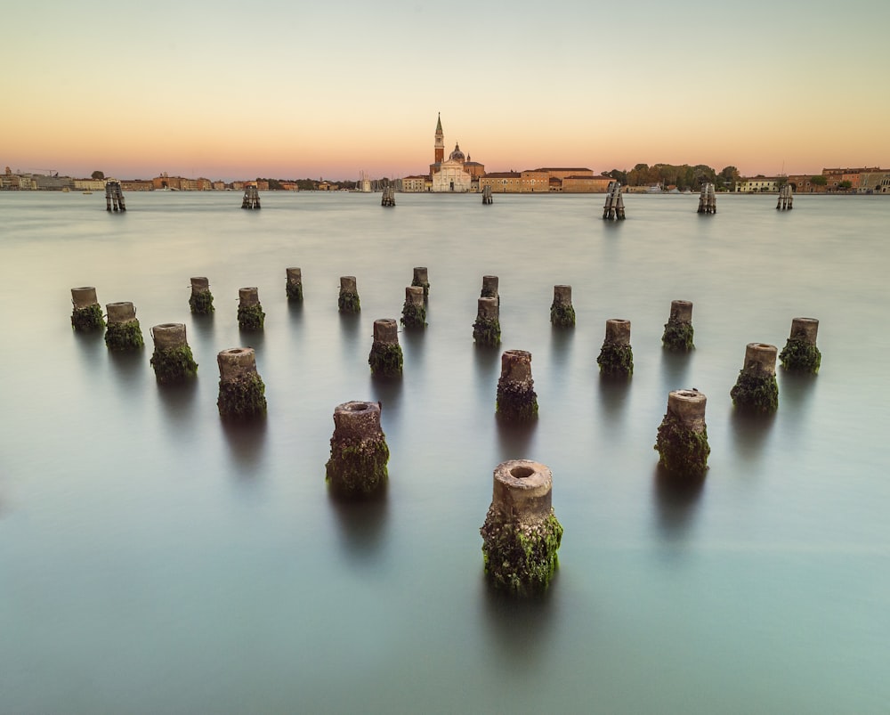 a group of wooden posts sitting in the middle of a body of water