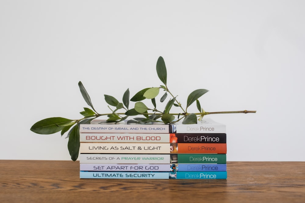 a stack of books sitting on top of a wooden table