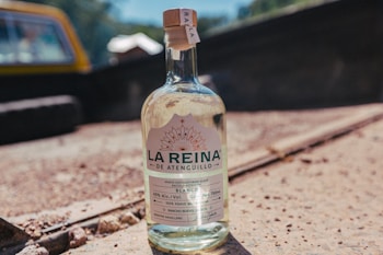 A bottle of La Reina de Atenguillo Raicilla stands on a sunlit, textured surface. The label indicates it is handcrafted and contains 40% alcohol. In the blurred background, parts of a vehicle and greenery can be seen, suggesting an outdoor setting.