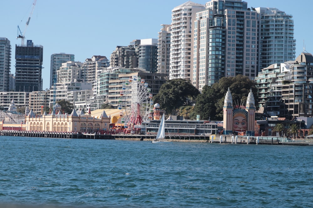 a large body of water with a city in the background