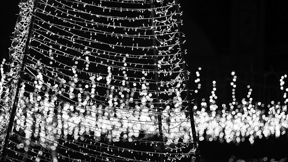 a lighted christmas tree in a black and white photo