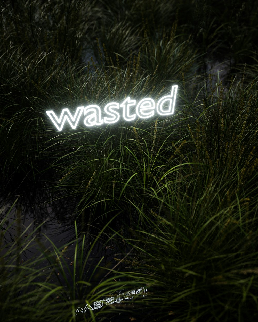 a neon sign that reads wasted in the grass