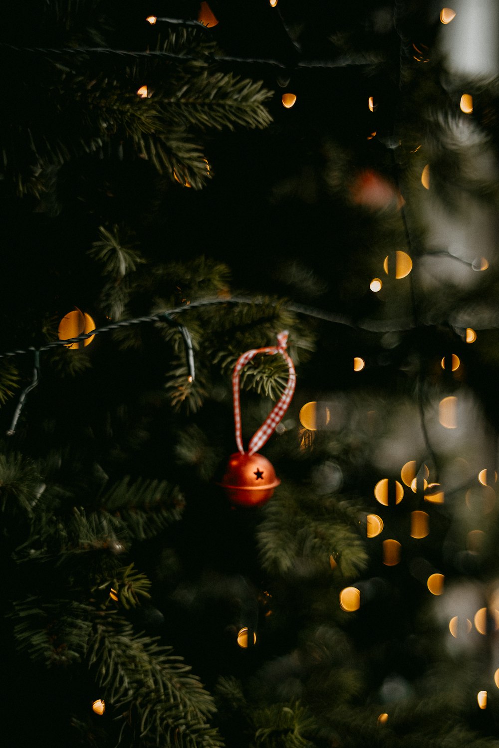 a christmas ornament hanging from a christmas tree