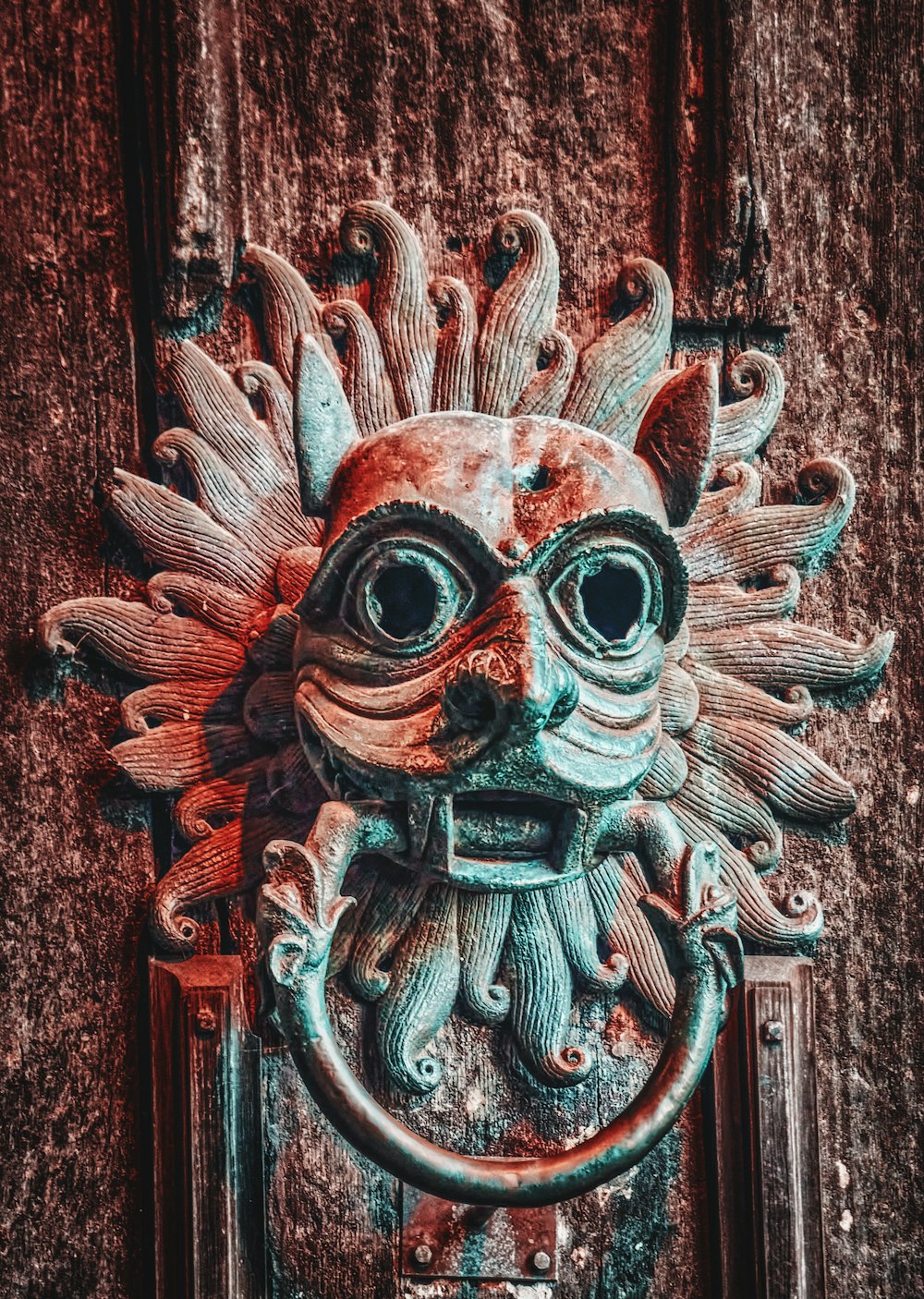 a close up of a door handle with a face on it