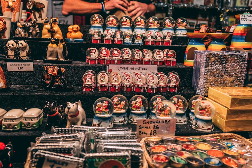 a display of souvenirs and figurines for sale