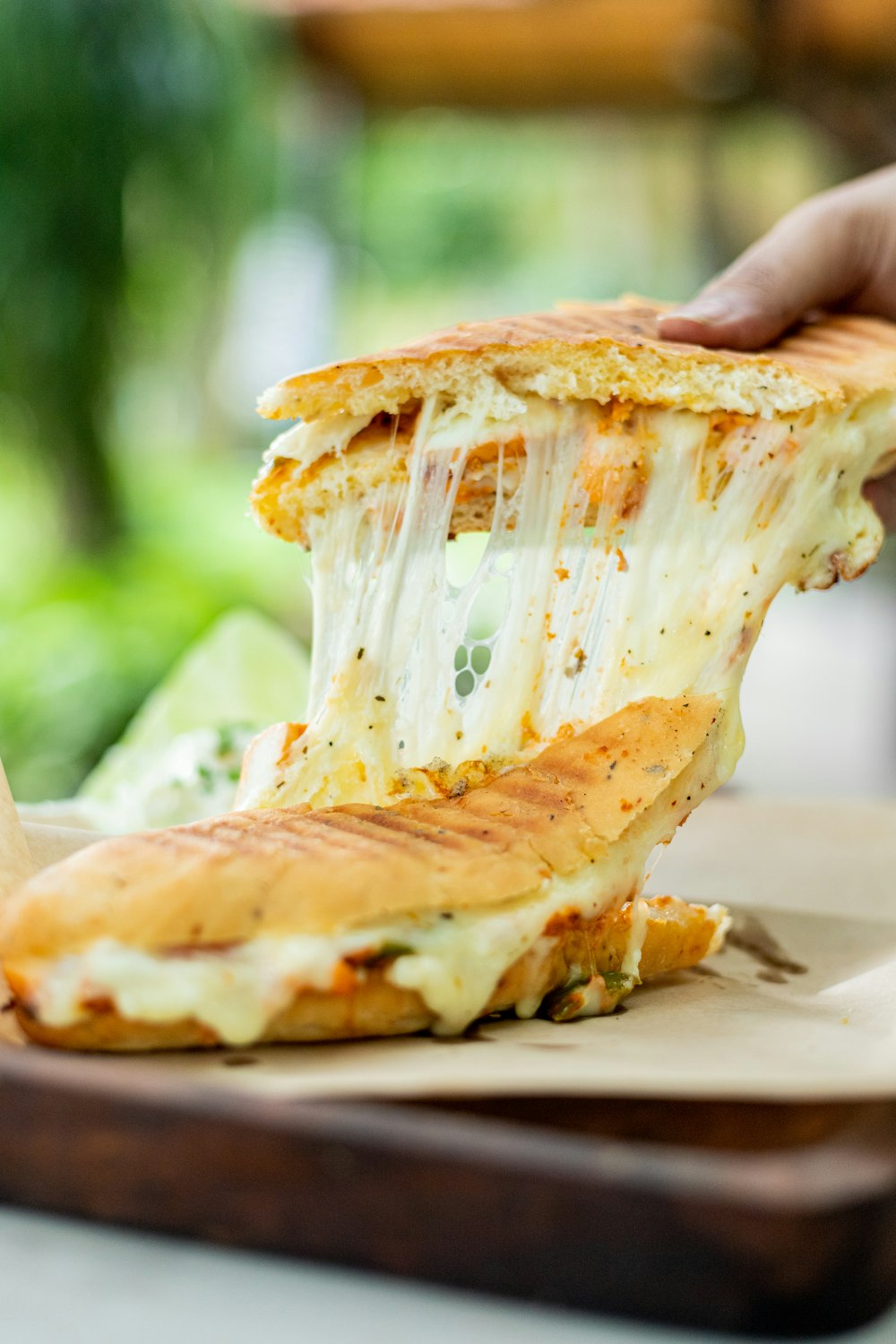 a person holding a piece of pizza with cheese on it