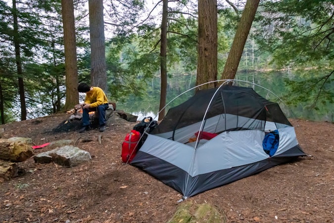 A campsite set in a forested area near a lake, featuring a pitched tent and a person sitting by a campfire. The surroundings are lush with tall trees and a carpet of fallen leaves. The lake in the background provides a serene and peaceful atmosphere.