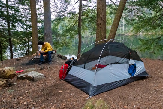 A campsite set in a forested area near a lake, featuring a pitched tent and a person sitting by a campfire. The surroundings are lush with tall trees and a carpet of fallen leaves. The lake in the background provides a serene and peaceful atmosphere.