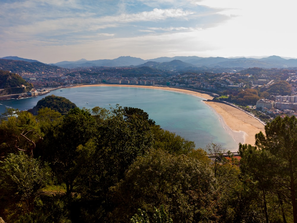 a view of a body of water with a mountain in the background