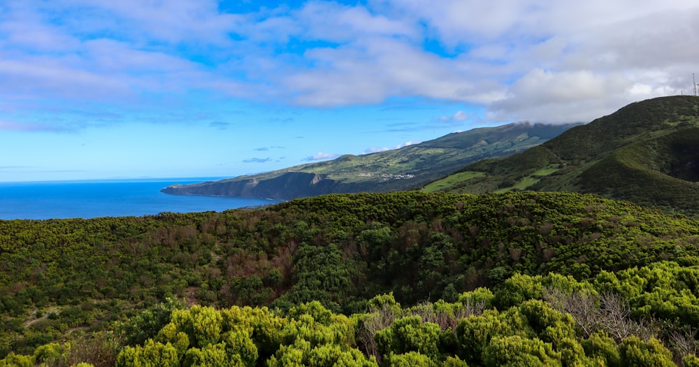 a scenic view of a mountain with a body of water in the distance