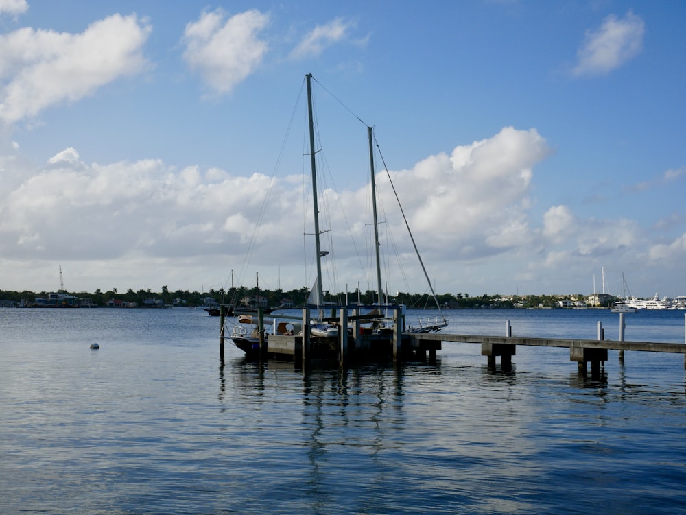 a boat is docked at a pier on the water