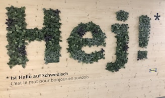 A large text spelling 'Hej!' is made from green foliage attached to a light wooden background. Below the text, there is a multilingual translation indicating that 'Hej' means 'Hello' in Swedish. The bottom right corner has the iconic blue and yellow IKEA logo.