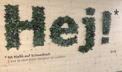 A large text spelling 'Hej!' is made from green foliage attached to a light wooden background. Below the text, there is a multilingual translation indicating that 'Hej' means 'Hello' in Swedish. The bottom right corner has the iconic blue and yellow IKEA logo.