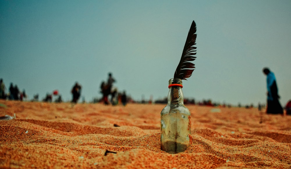 a bottle with a feather on top of it