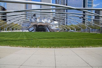 An outdoor venue with a large open grassy area surrounded by a modern, metallic structure that forms an arching canopy. Skyscrapers are visible in the background, adding an urban context to the scene. The sky is clear with a few clouds.