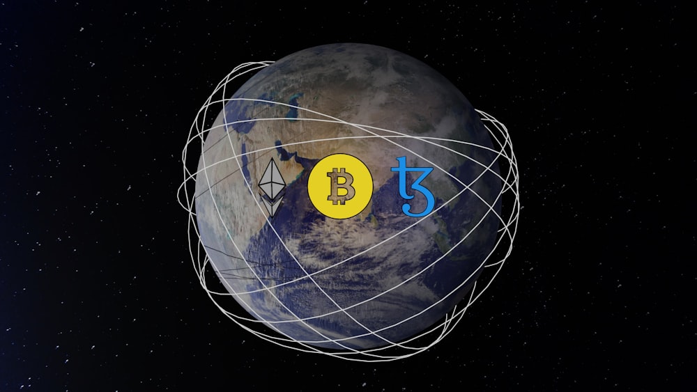 Ein Bild der Erde mit einem Bitcoin darauf