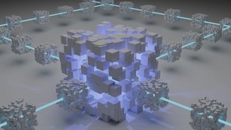 a computer generated image of a cube surrounded by smaller cubes