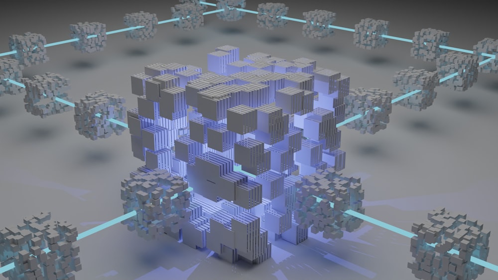 uma imagem gerada por computador de um cubo cercado por cubos menores