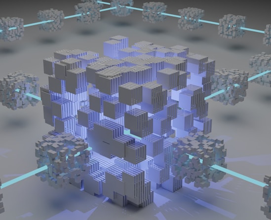 a computer generated image of a cube surrounded by smaller cubes