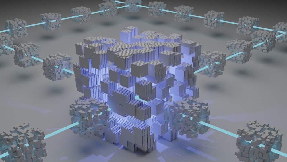 a computer generated image of a cube surrounded by smaller cubes