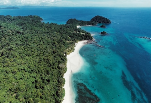 an aerial view of a tropical island with a white sand beach