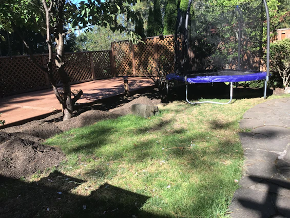 A friendly technician assembling a trampoline in a sunny backyard.