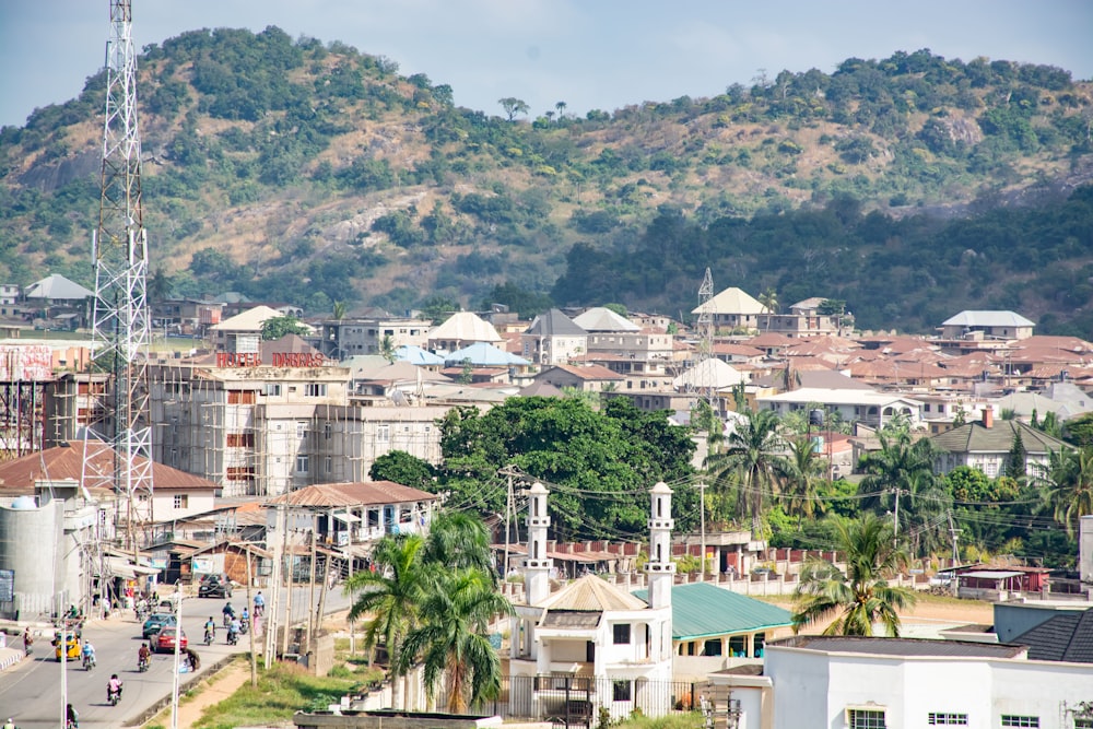 a view of a city with a mountain in the background