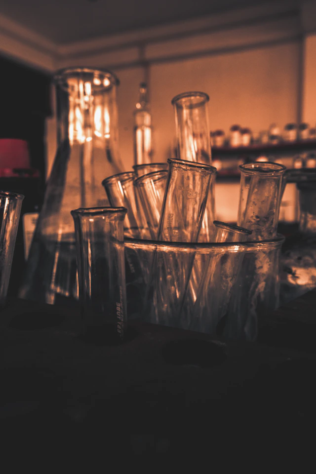 Laboratory at night, lit by instrument displays