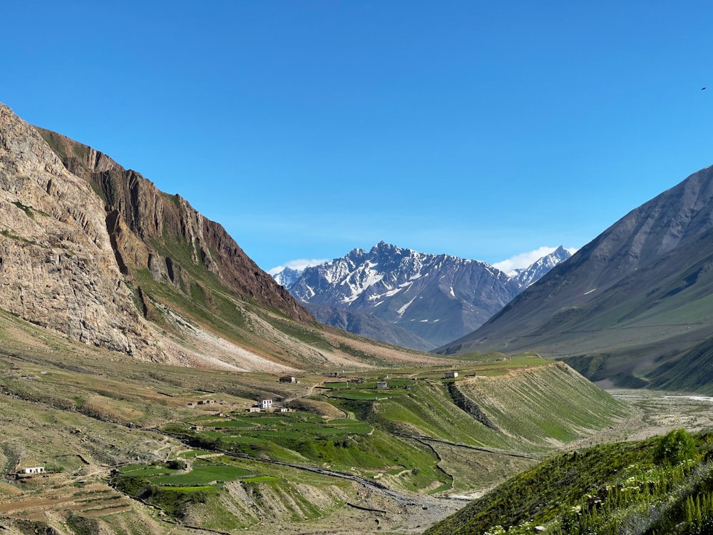 a valley with mountains in the background